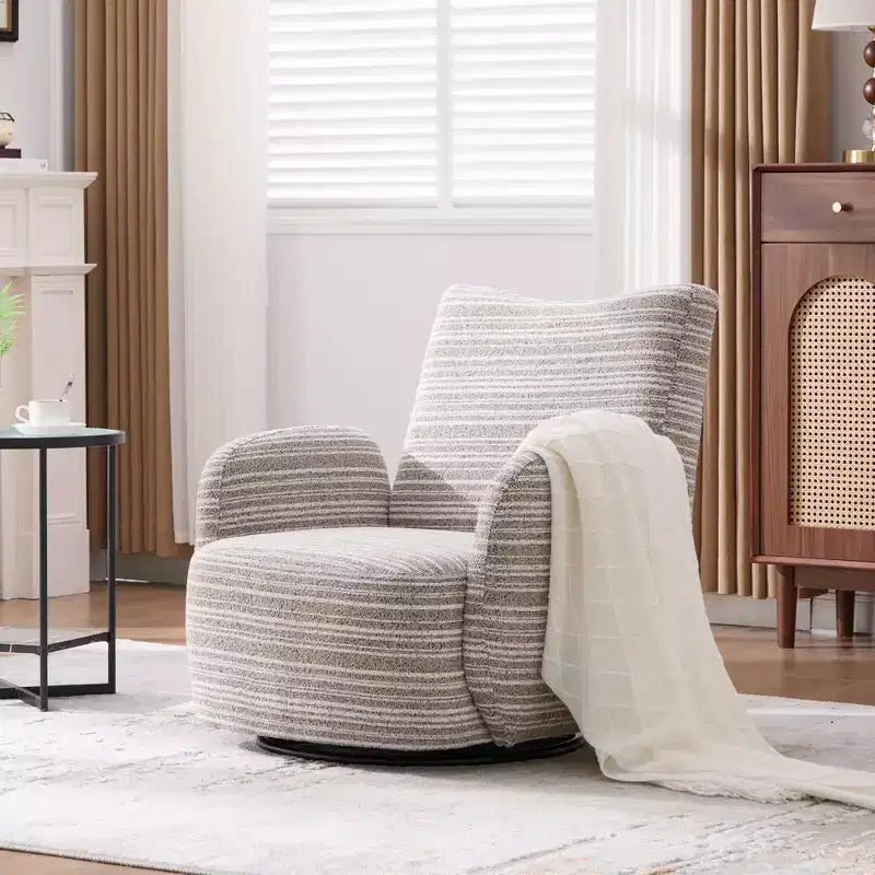 Fauteuil pivotant Okak en tissu rayé, style Mid-Century, au design esthétique, fauteuil d'appoint décontracté pour salons et espaces de détente