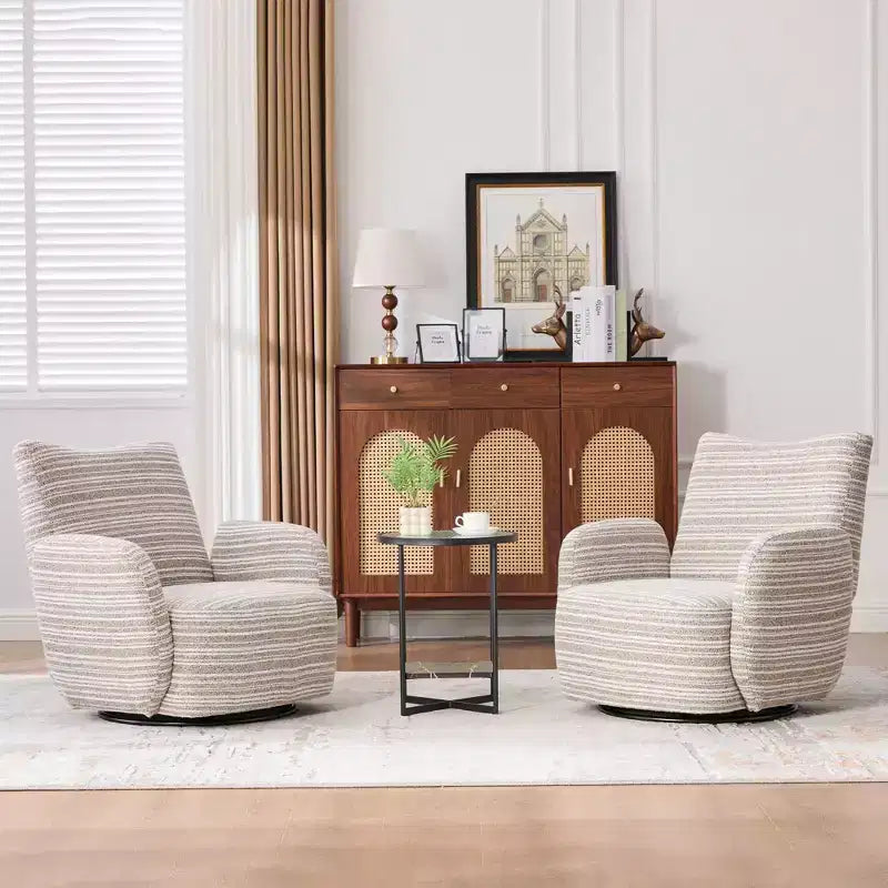 Fauteuil pivotant Okak en tissu rayé, style Mid-Century, au design esthétique, fauteuil d'appoint décontracté pour salons et espaces de détente