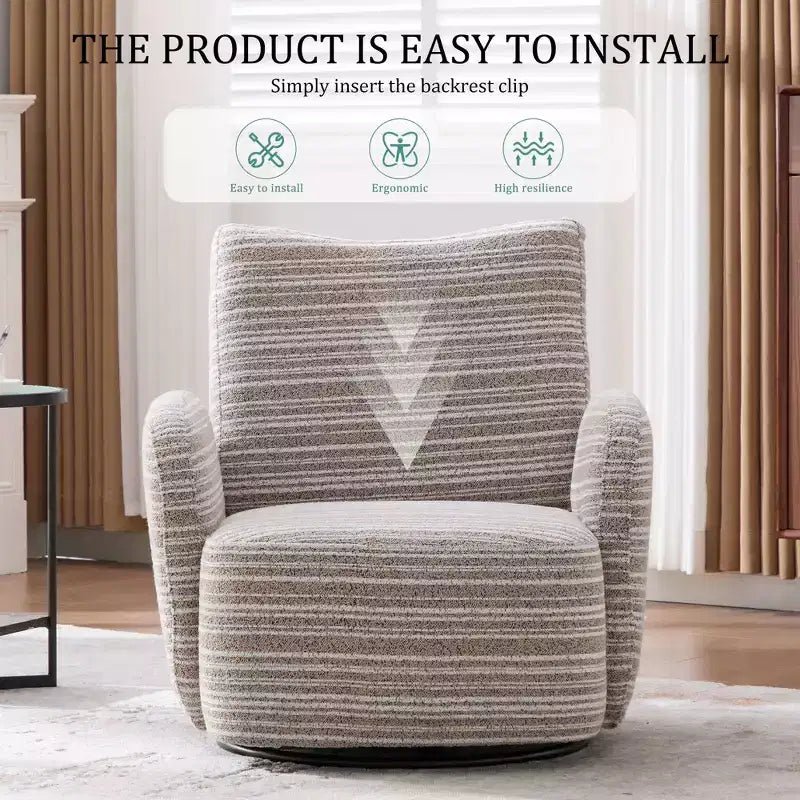 Fauteuil pivotant Okak en tissu rayé, style Mid-Century, au design esthétique, fauteuil d'appoint décontracté pour salons et espaces de détente