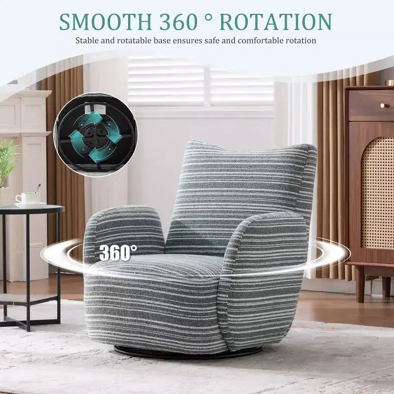 Fauteuil pivotant Okak en tissu rayé, style Mid-Century, au design esthétique, fauteuil d'appoint décontracté pour salons et espaces de détente