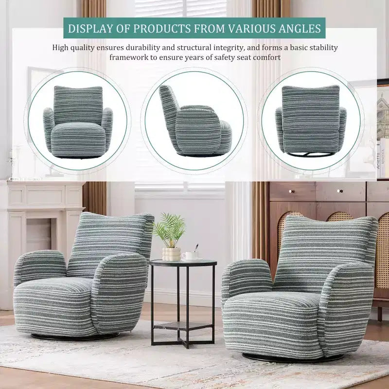 Fauteuil pivotant Okak en tissu rayé, style Mid-Century, au design esthétique, fauteuil d'appoint décontracté pour salons et espaces de détente