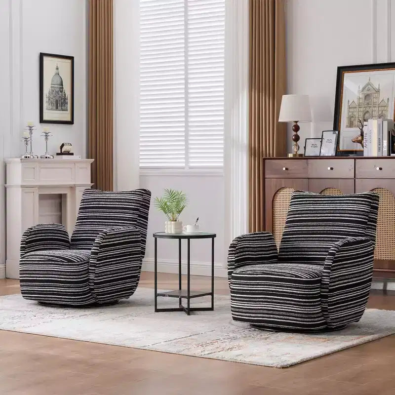 Fauteuil pivotant Okak en tissu rayé, style Mid-Century, au design esthétique, fauteuil d'appoint décontracté pour salons et espaces de détente