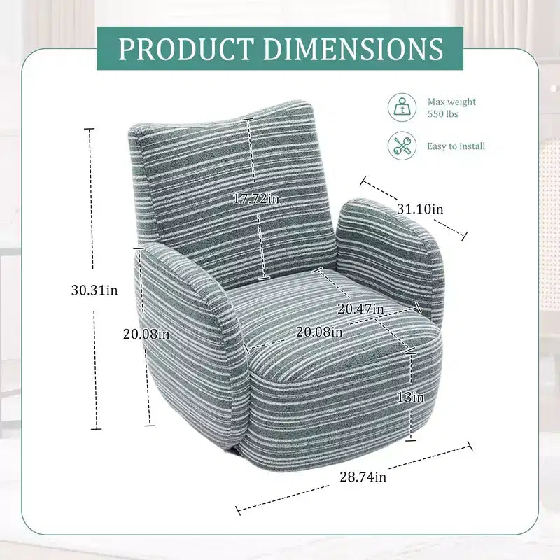 Fauteuil pivotant Okak en tissu rayé, style Mid-Century, au design esthétique, fauteuil d'appoint décontracté pour salons et espaces de détente