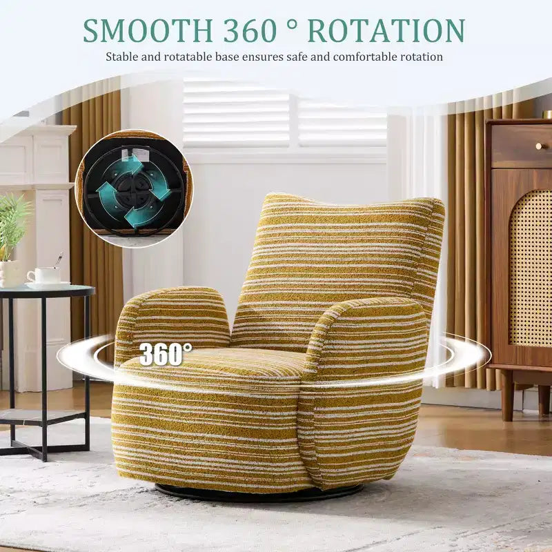 Fauteuil pivotant Okak en tissu rayé, style Mid-Century, au design esthétique, fauteuil d'appoint décontracté pour salons et espaces de détente