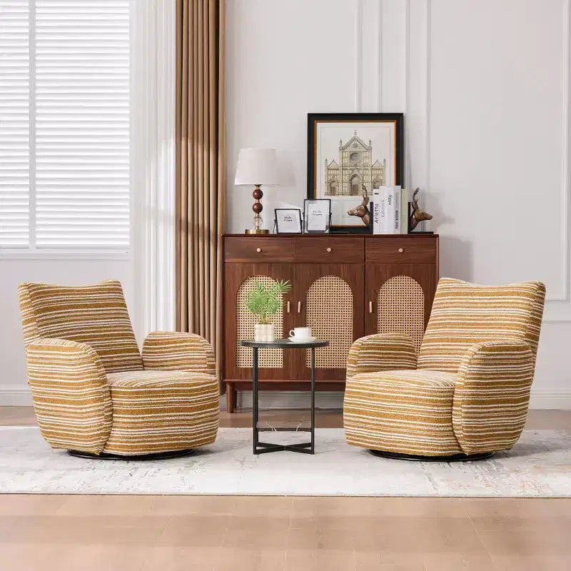 Fauteuil pivotant Okak en tissu rayé, style Mid-Century, au design esthétique, fauteuil d'appoint décontracté pour salons et espaces de détente