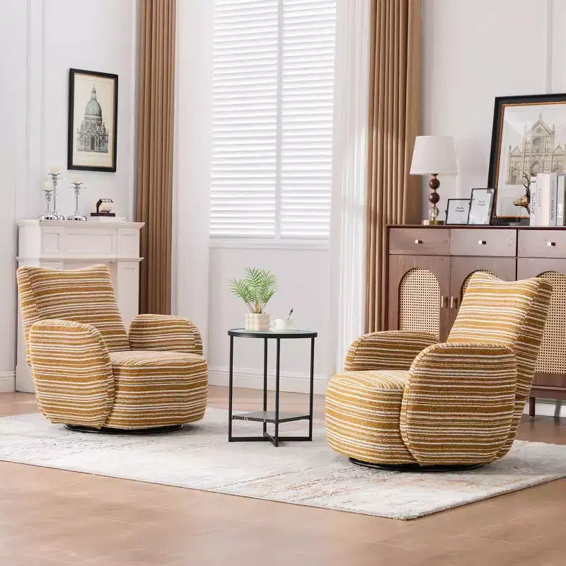 Fauteuil pivotant Okak en tissu rayé, style Mid-Century, au design esthétique, fauteuil d'appoint décontracté pour salons et espaces de détente
