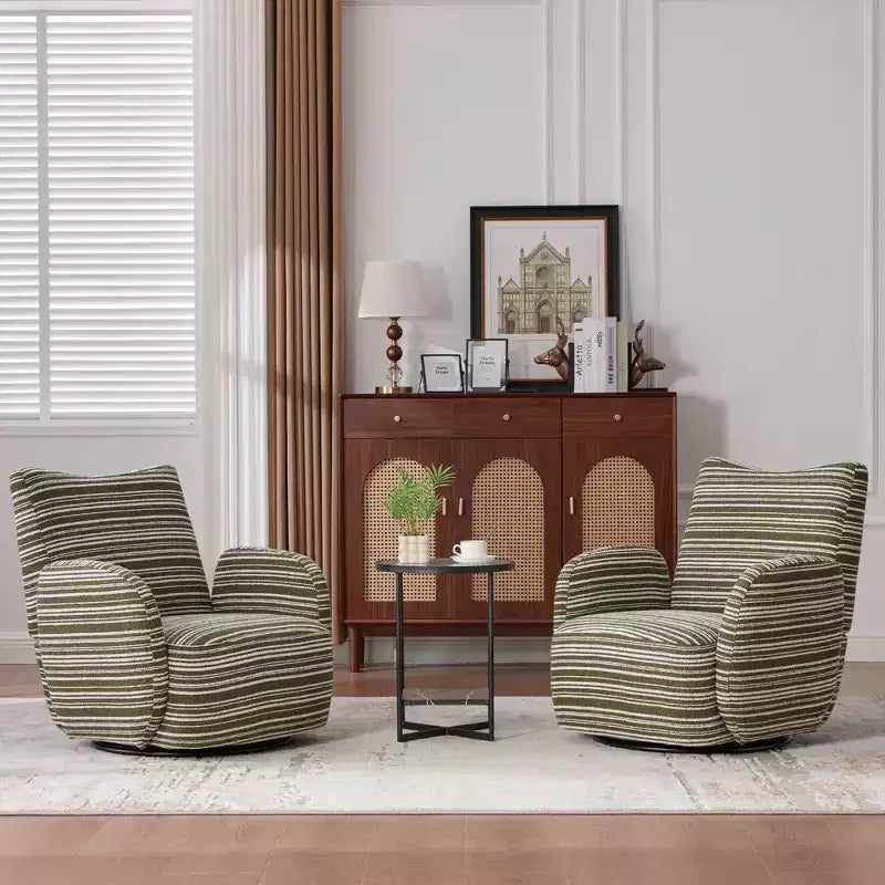 Fauteuil pivotant Okak en tissu rayé, style Mid-Century, au design esthétique, fauteuil d'appoint décontracté pour salons et espaces de détente