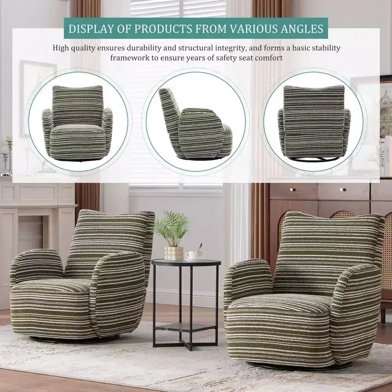 Fauteuil pivotant Okak en tissu rayé, style Mid-Century, au design esthétique, fauteuil d'appoint décontracté pour salons et espaces de détente