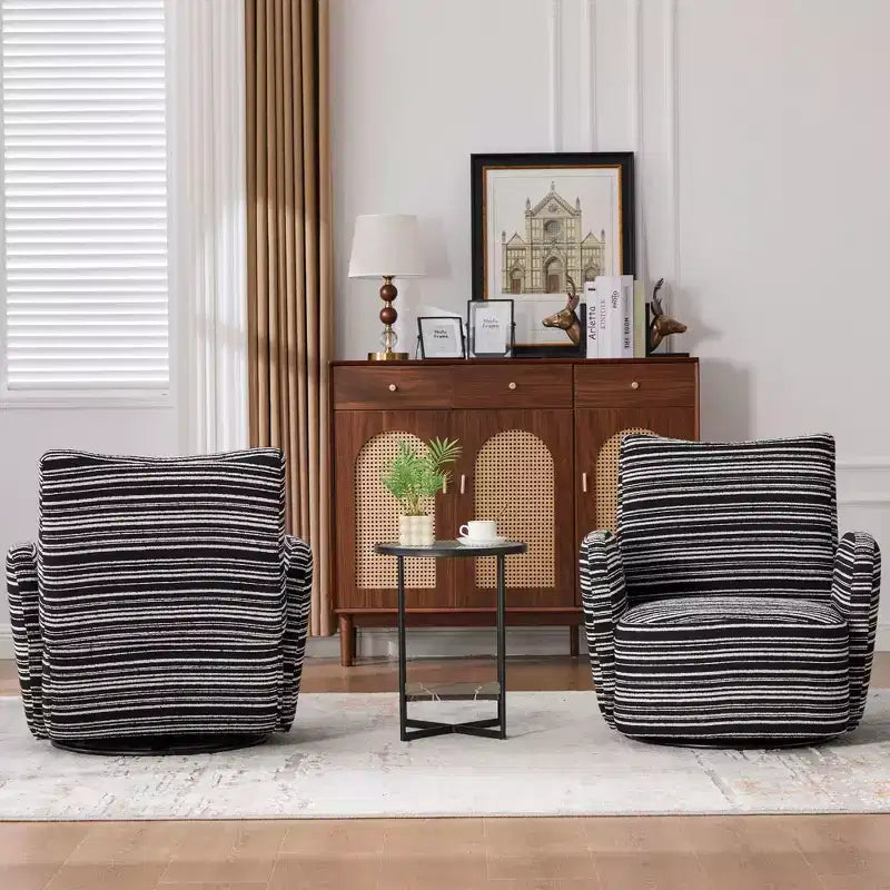 Fauteuil pivotant Okak en tissu rayé, style Mid-Century, au design esthétique, fauteuil d'appoint décontracté pour salons et espaces de détente