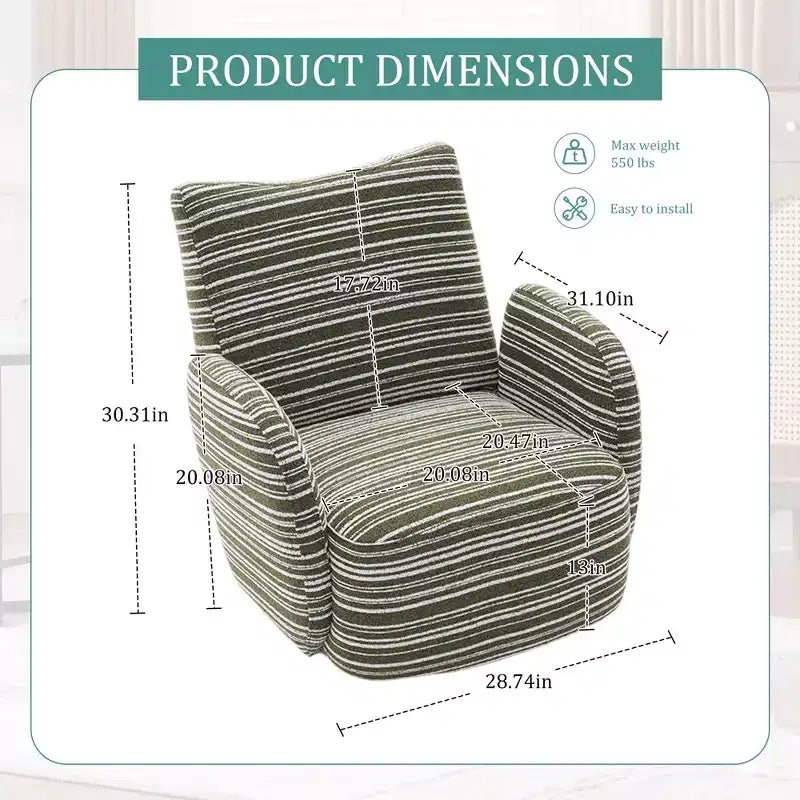 Fauteuil pivotant Okak en tissu rayé, style Mid-Century, au design esthétique, fauteuil d'appoint décontracté pour salons et espaces de détente