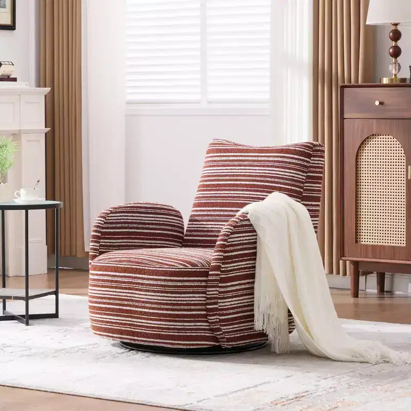 Fauteuil pivotant Okak en tissu rayé, style Mid-Century, au design esthétique, fauteuil d'appoint décontracté pour salons et espaces de détente