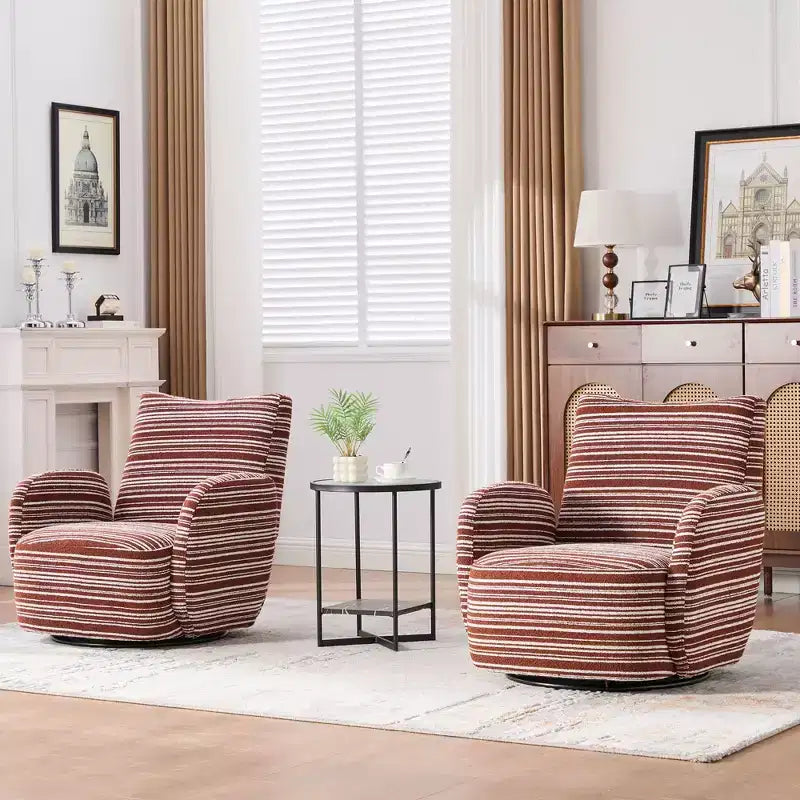 Fauteuil pivotant Okak en tissu rayé, style Mid-Century, au design esthétique, fauteuil d'appoint décontracté pour salons et espaces de détente