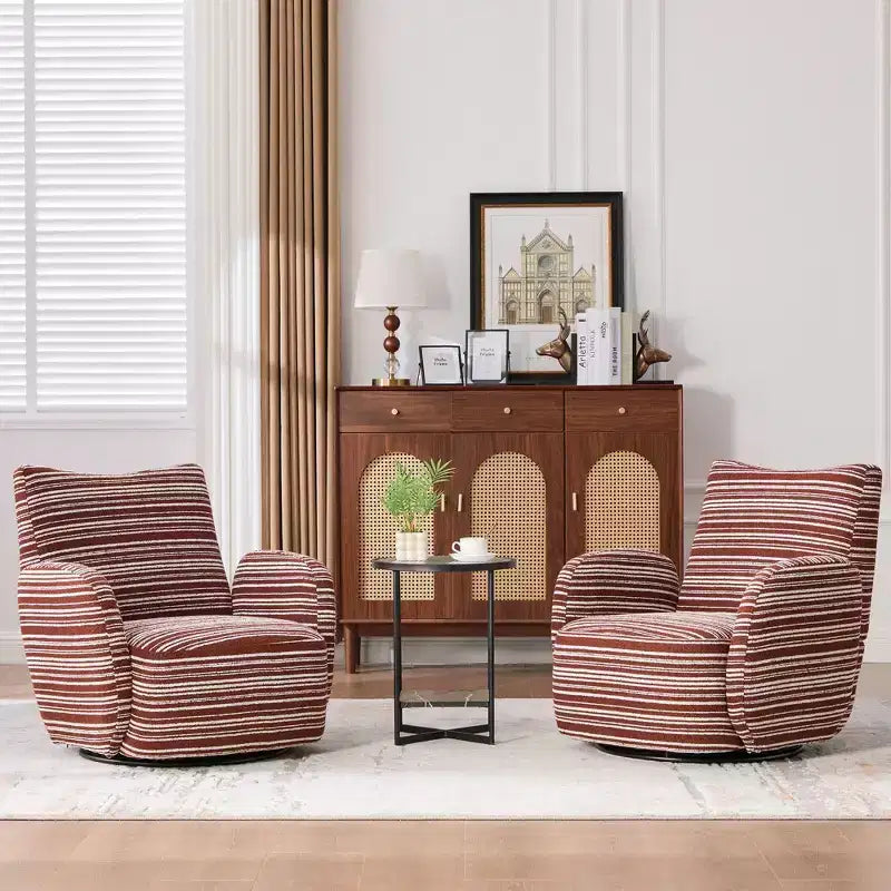 Fauteuil pivotant Okak en tissu rayé, style Mid-Century, au design esthétique, fauteuil d'appoint décontracté pour salons et espaces de détente