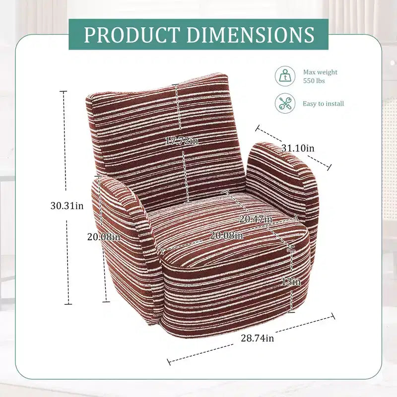 Fauteuil pivotant Okak en tissu rayé, style Mid-Century, au design esthétique, fauteuil d'appoint décontracté pour salons et espaces de détente