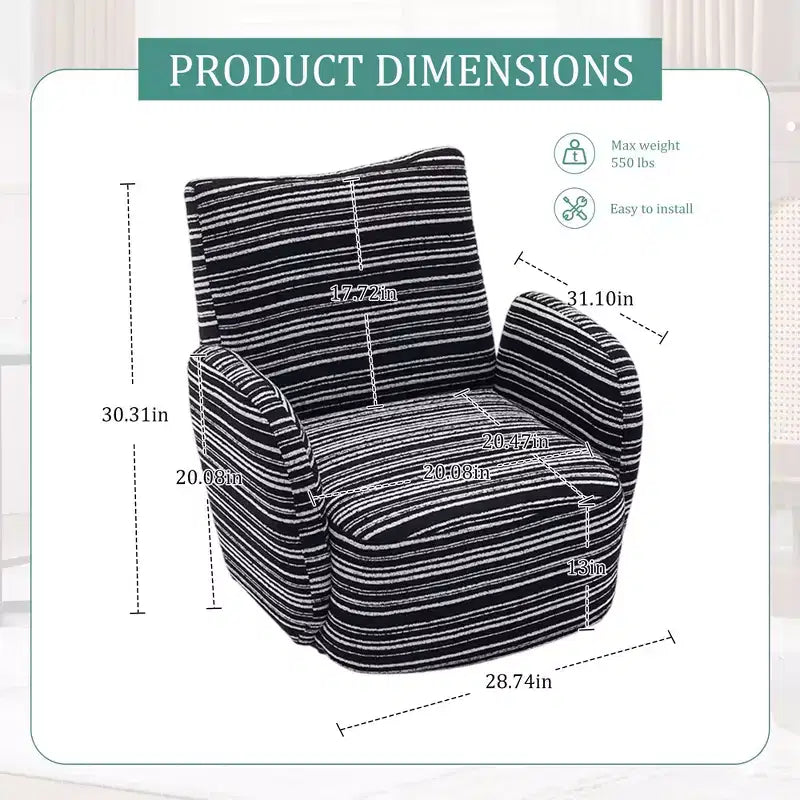 Fauteuil pivotant Okak en tissu rayé, style Mid-Century, au design esthétique, fauteuil d'appoint décontracté pour salons et espaces de détente
