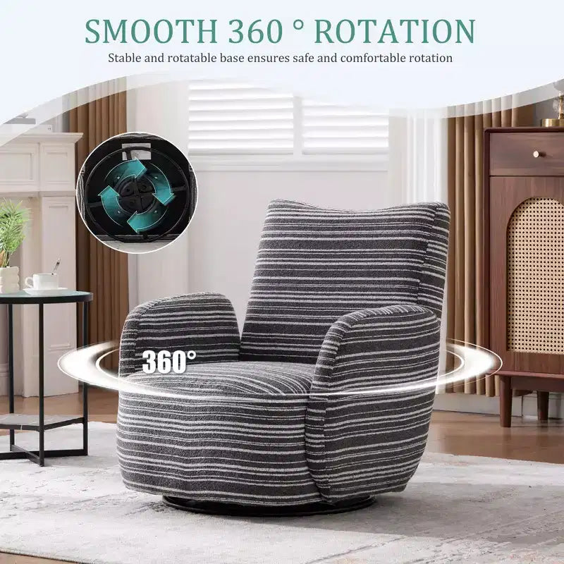 Fauteuil pivotant Okak en tissu rayé, style Mid-Century, au design esthétique, fauteuil d'appoint décontracté pour salons et espaces de détente