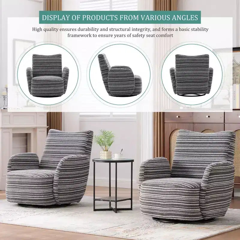 Fauteuil pivotant Okak en tissu rayé, style Mid-Century, au design esthétique, fauteuil d'appoint décontracté pour salons et espaces de détente