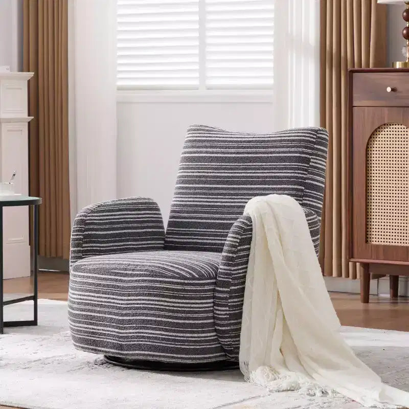 Fauteuil pivotant Okak en tissu rayé, style Mid-Century, au design esthétique, fauteuil d'appoint décontracté pour salons et espaces de détente