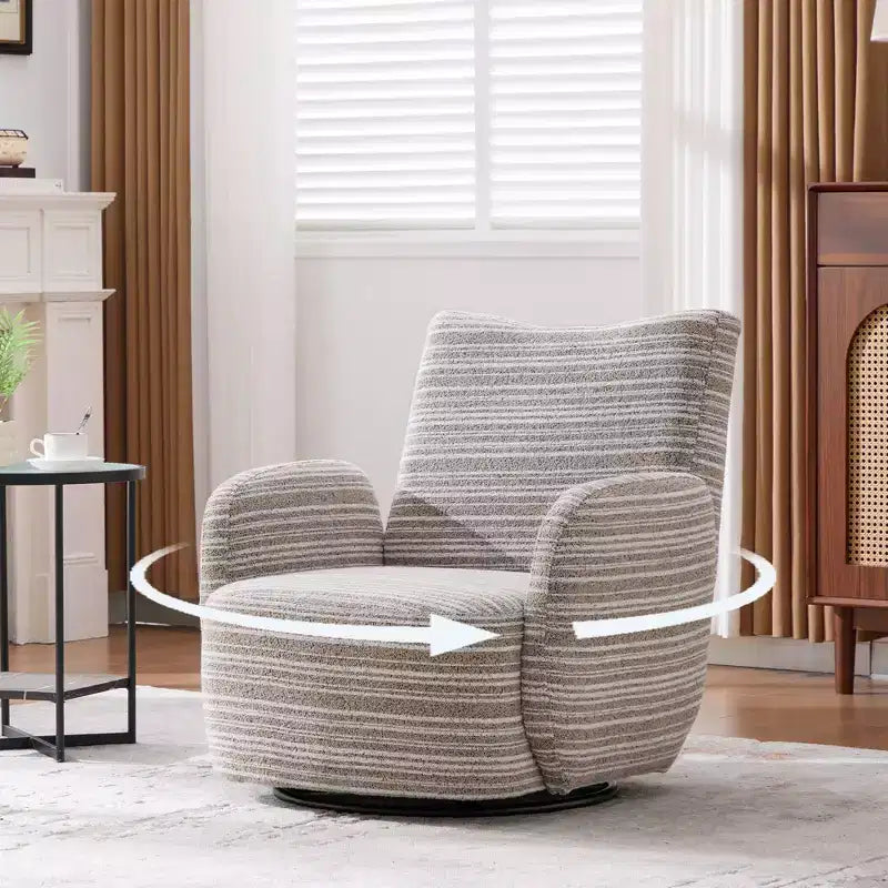 Fauteuil pivotant Okak en tissu rayé, style Mid-Century, au design esthétique, fauteuil d'appoint décontracté pour salons et espaces de détente