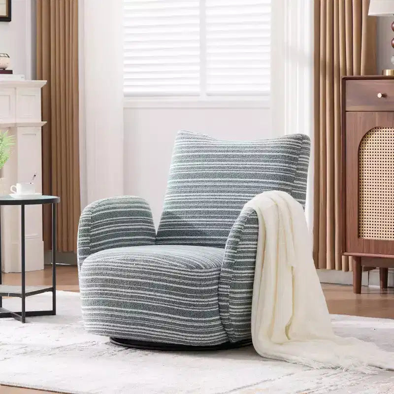 Fauteuil pivotant Okak en tissu rayé, style Mid-Century, au design esthétique, fauteuil d'appoint décontracté pour salons et espaces de détente