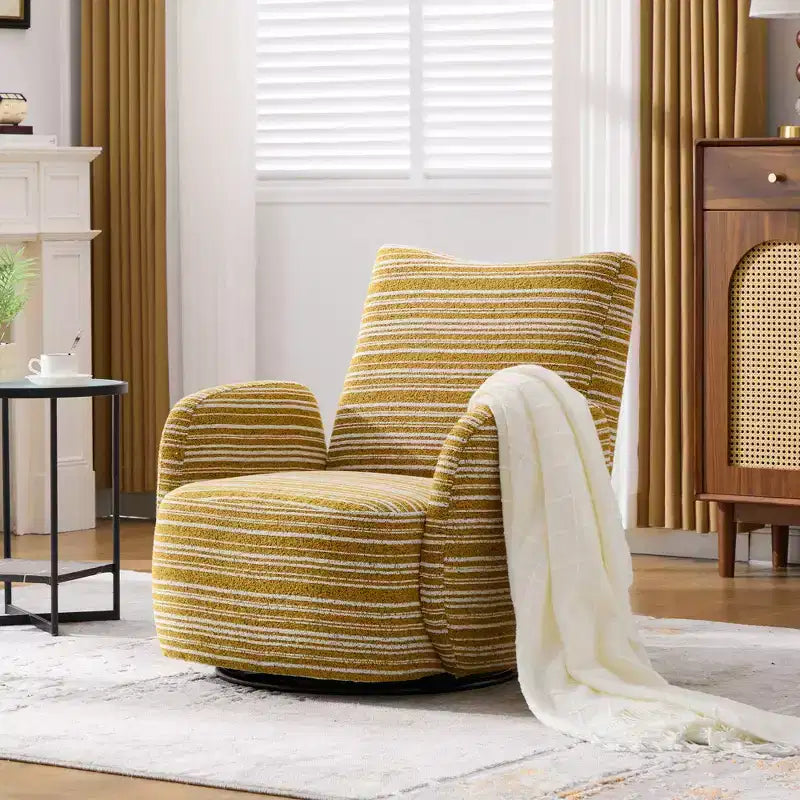 Fauteuil pivotant Okak en tissu rayé, style Mid-Century, au design esthétique, fauteuil d'appoint décontracté pour salons et espaces de détente