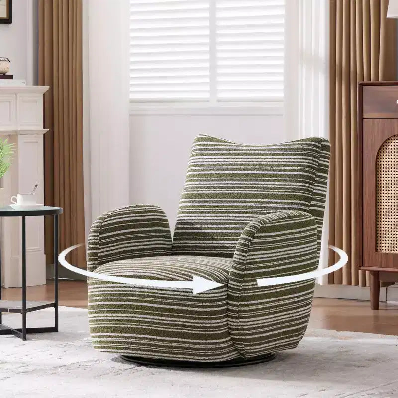 Fauteuil pivotant Okak en tissu rayé, style Mid-Century, au design esthétique, fauteuil d'appoint décontracté pour salons et espaces de détente