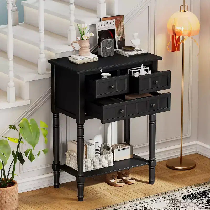 Table console étroite rétro Okak 23,7 po, table d'entrée avec trois tiroirs de rangement et étagère inférieure, table de couloir pour salon, entrée