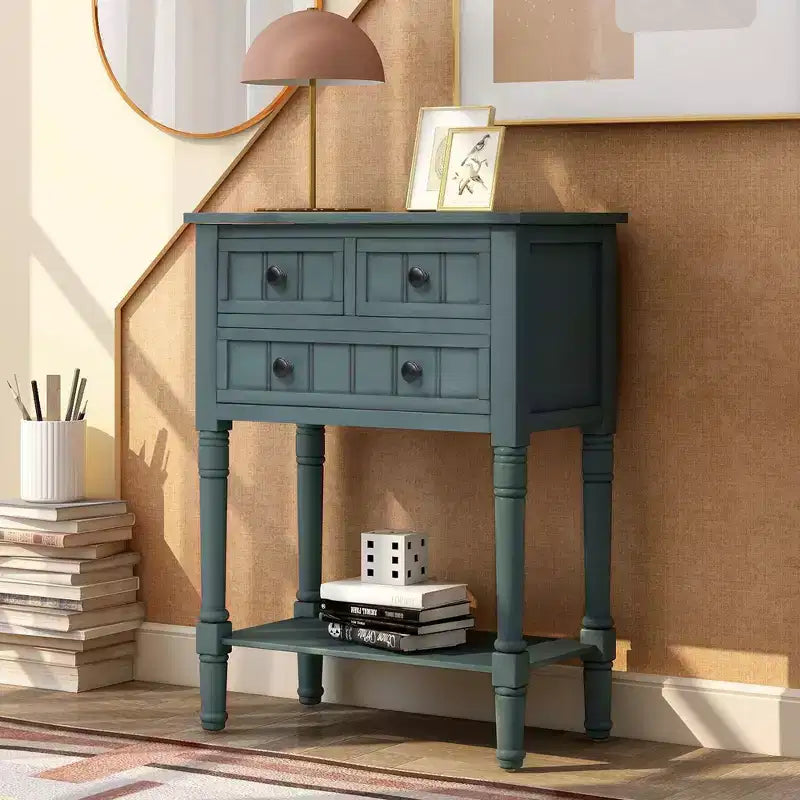 Table console étroite rétro Okak 23,7 po, table d'entrée avec trois tiroirs de rangement et étagère inférieure, table de couloir pour salon, entrée