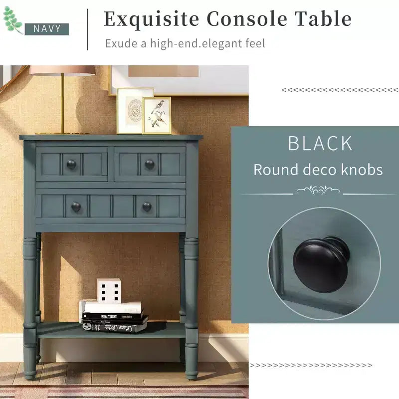 Table console étroite rétro Okak 23,7 po, table d'entrée avec trois tiroirs de rangement et étagère inférieure, table de couloir pour salon, entrée