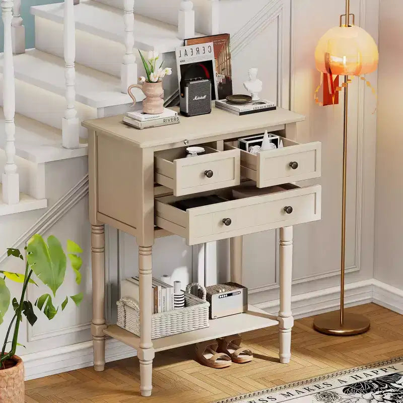 Table console étroite rétro Okak 23,7 po, table d'entrée avec trois tiroirs de rangement et étagère inférieure, table de couloir pour salon, entrée