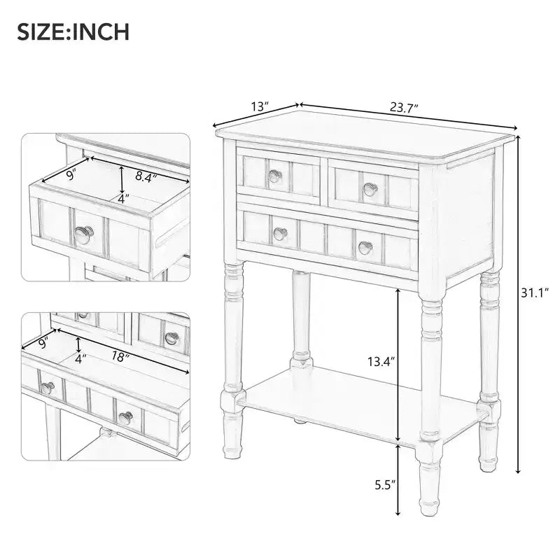 Table console étroite rétro Okak 23,7 po, table d'entrée avec trois tiroirs de rangement et étagère inférieure, table de couloir pour salon, entrée