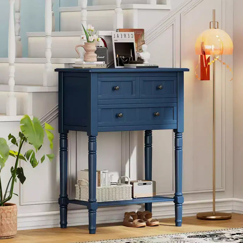 Table console étroite rétro Okak 23,7 po, table d'entrée avec trois tiroirs de rangement et étagère inférieure, table de couloir pour salon, entrée