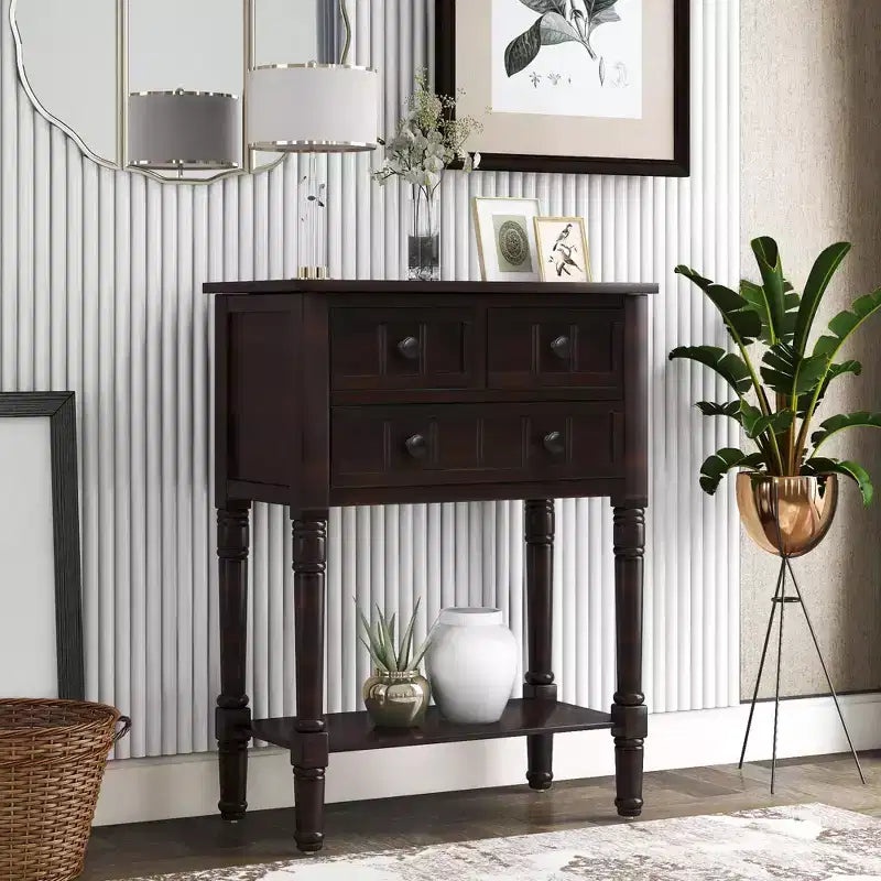Table console étroite rétro Okak 23,7 po, table d'entrée avec trois tiroirs de rangement et étagère inférieure, table de couloir pour salon, entrée