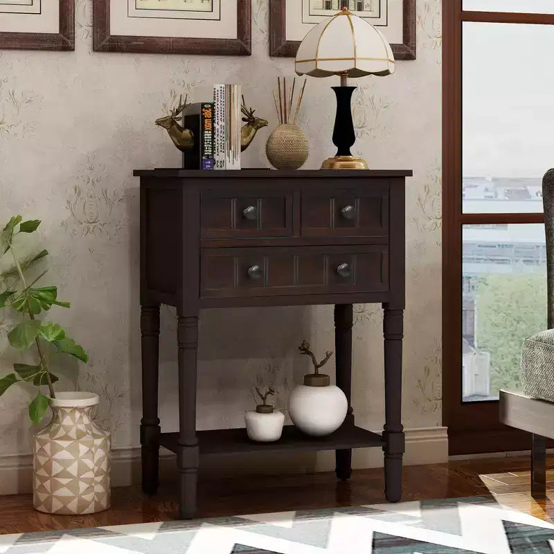 Table console étroite rétro Okak 23,7 po, table d'entrée avec trois tiroirs de rangement et étagère inférieure, table de couloir pour salon, entrée