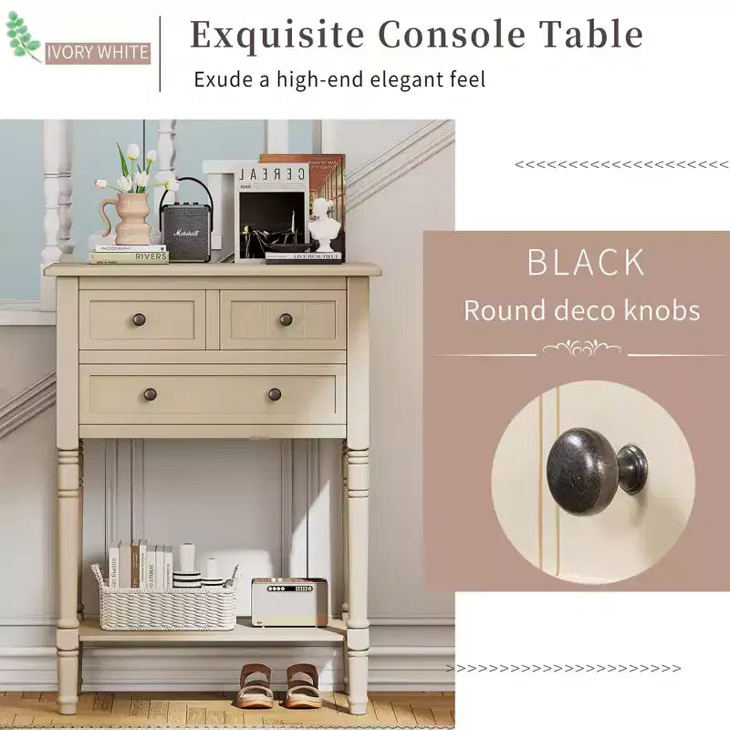 Table console étroite rétro Okak 23,7 po, table d'entrée avec trois tiroirs de rangement et étagère inférieure, table de couloir pour salon, entrée