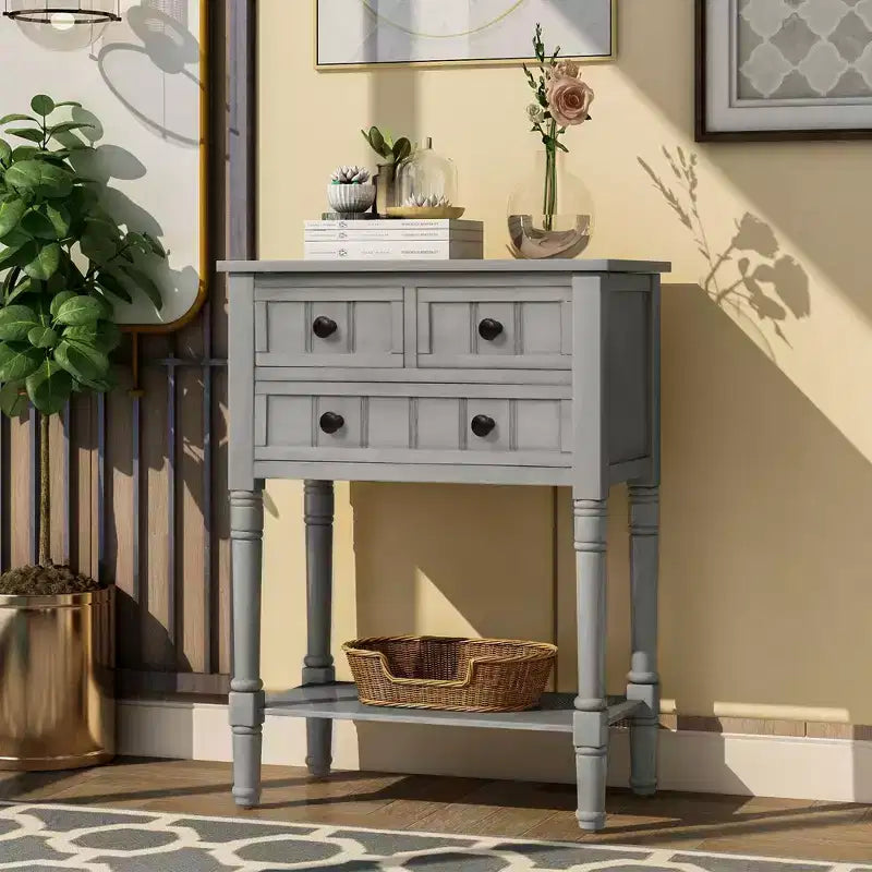 Table console étroite rétro Okak 23,7 po, table d'entrée avec trois tiroirs de rangement et étagère inférieure, table de couloir pour salon, entrée