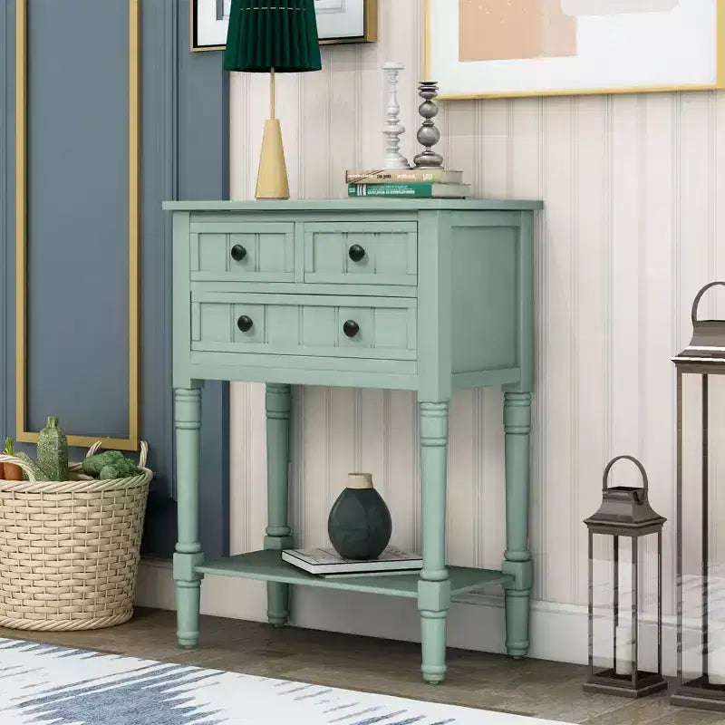 Table console étroite rétro Okak 23,7 po, table d'entrée avec trois tiroirs de rangement et étagère inférieure, table de couloir pour salon, entrée