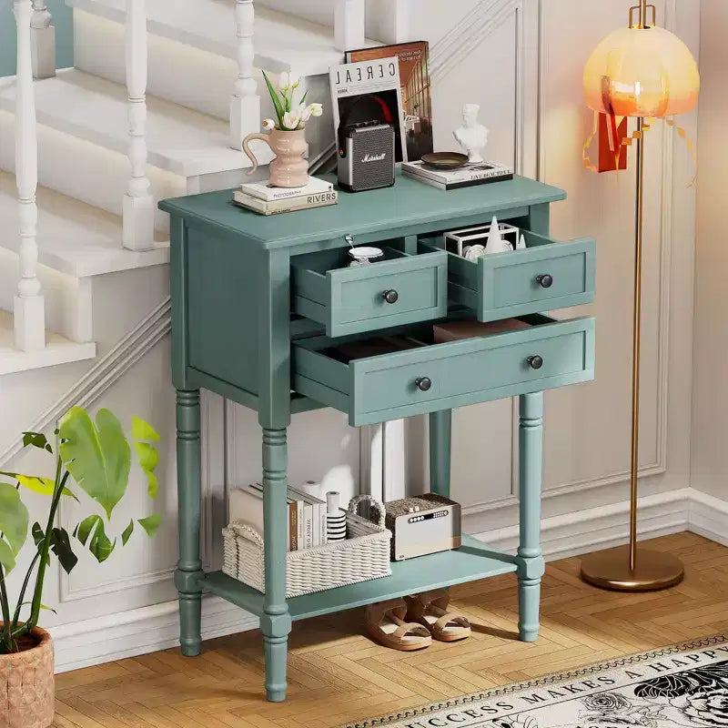 Table console étroite rétro Okak 23,7 po, table d'entrée avec trois tiroirs de rangement et étagère inférieure, table de couloir pour salon, entrée