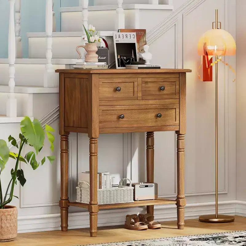 Table console étroite rétro Okak 23,7 po, table d'entrée avec trois tiroirs de rangement et étagère inférieure, table de couloir pour salon, entrée