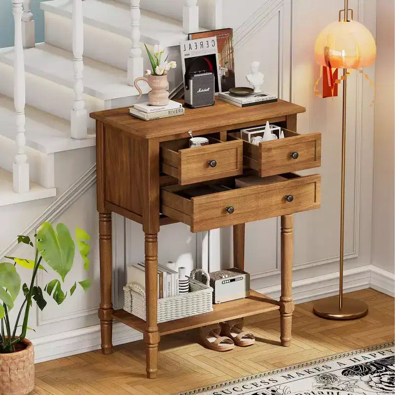 Table console étroite rétro Okak 23,7 po, table d'entrée avec trois tiroirs de rangement et étagère inférieure, table de couloir pour salon, entrée