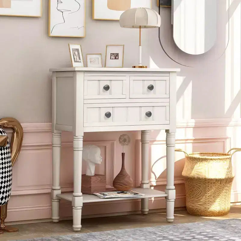 Table console étroite rétro Okak 23,7 po, table d'entrée avec trois tiroirs de rangement et étagère inférieure, table de couloir pour salon, entrée
