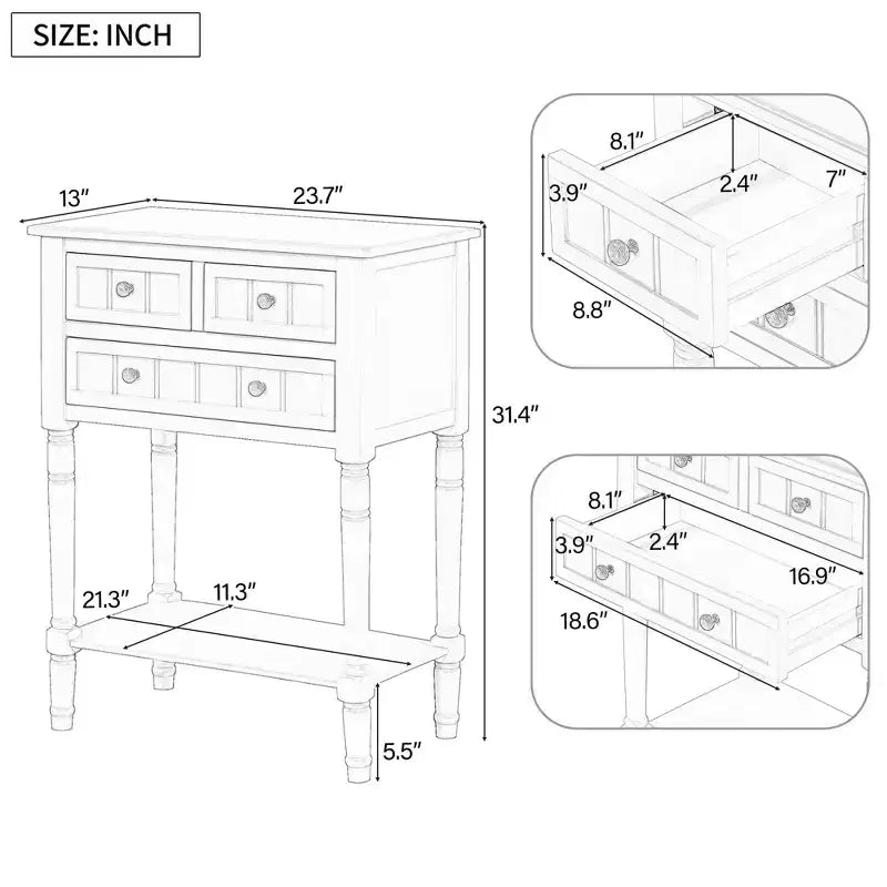 Table console étroite rétro Okak 23,7 po, table d'entrée avec trois tiroirs de rangement et étagère inférieure, table de couloir pour salon, entrée