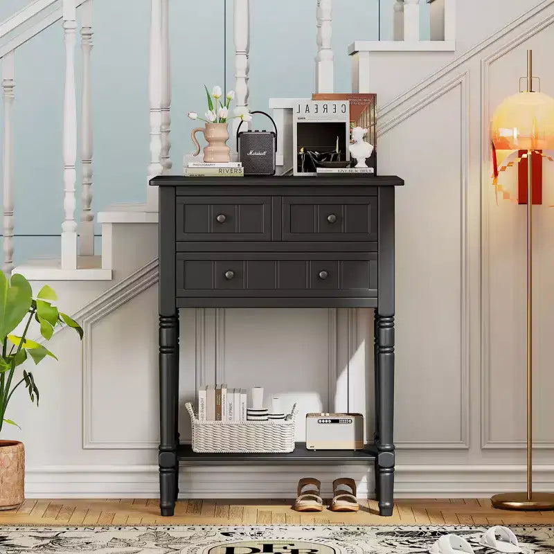 Table console étroite rétro Okak 23,7 po, table d'entrée avec trois tiroirs de rangement et étagère inférieure, table de couloir pour salon, entrée