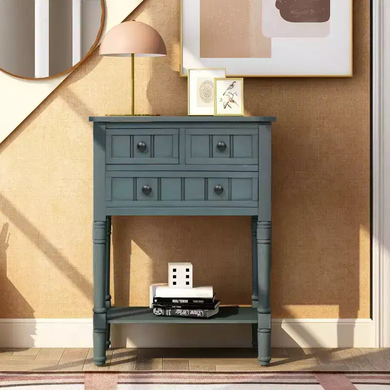 Table console étroite rétro Okak 23,7 po, table d'entrée avec trois tiroirs de rangement et étagère inférieure, table de couloir pour salon, entrée