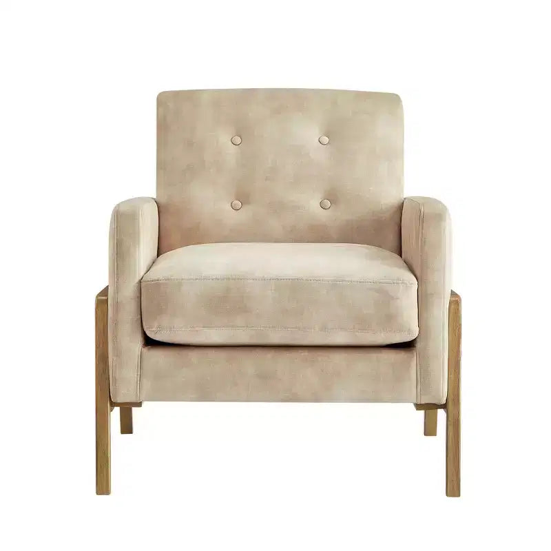 Fauteuil rembourré Okak moderne et élégant à dossier capitonné avec cadre en bois massif, chaise de lecture et de détente pour salons, zones de relaxation