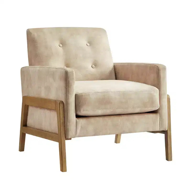 Fauteuil rembourré Okak moderne et élégant à dossier capitonné avec cadre en bois massif, chaise de lecture et de détente pour salons, zones de relaxation