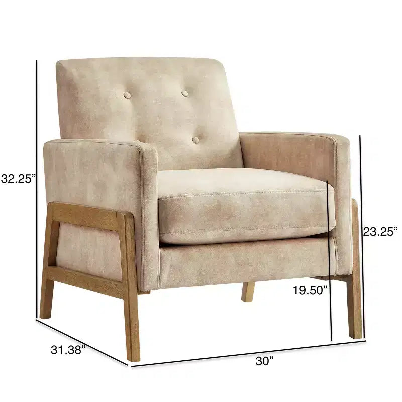 Fauteuil rembourré Okak moderne et élégant à dossier capitonné avec cadre en bois massif, chaise de lecture et de détente pour salons, zones de relaxation