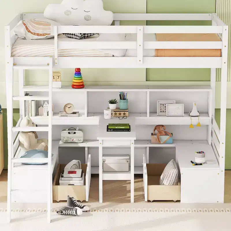 Lit superposé simple Okak de 79,53 pouces avec bureau, cadre de lit avec étagères de rangement, sièges et tiroirs, lit mezzanine simple pour chambre à coucher, chambre d'enfant
