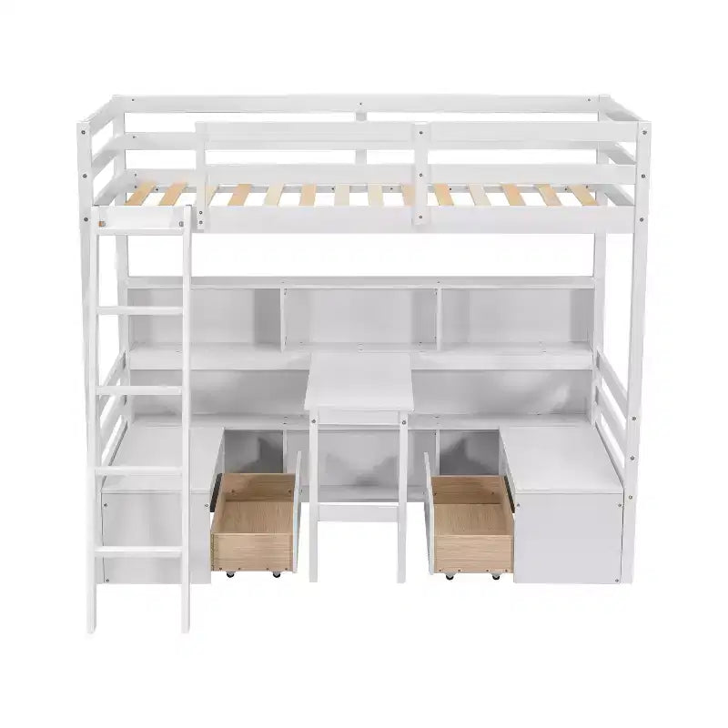 Lit superposé simple Okak de 79,53 pouces avec bureau, cadre de lit avec étagères de rangement, sièges et tiroirs, lit mezzanine simple pour chambre à coucher, chambre d'enfant