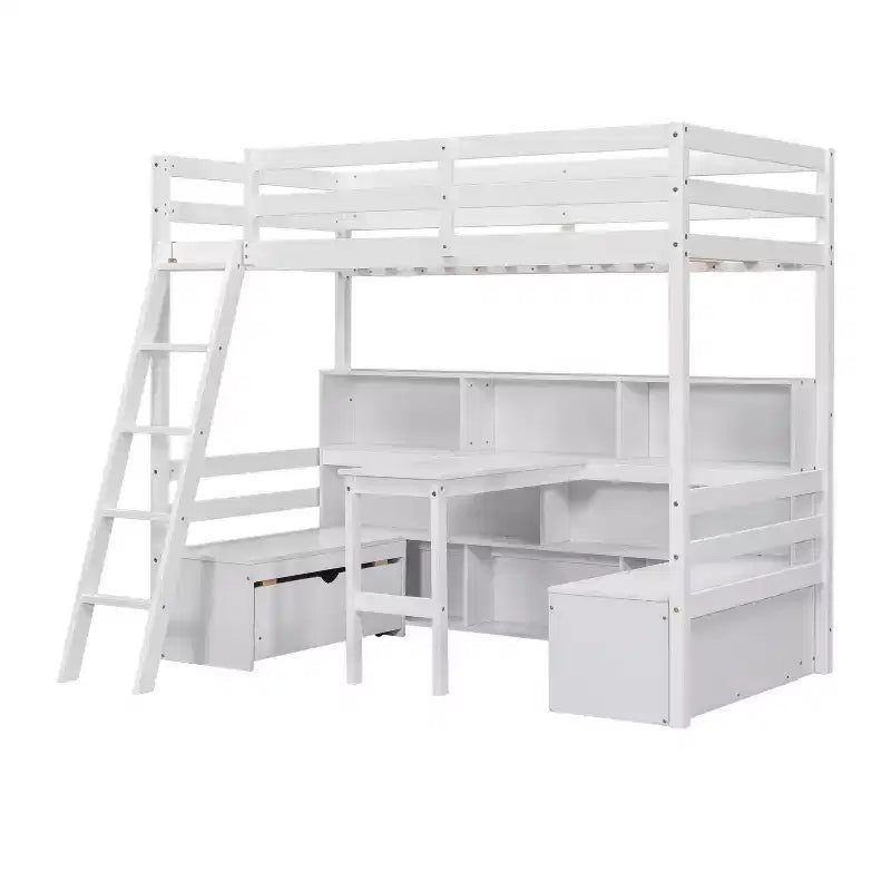 Lit superposé simple Okak de 79,53 pouces avec bureau, cadre de lit avec étagères de rangement, sièges et tiroirs, lit mezzanine simple pour chambre à coucher, chambre d'enfant